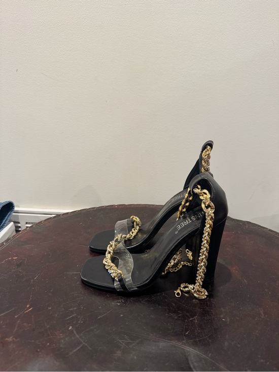 Tinstree Shoes - Black High Heel Sandals with Gold Chain Detail size 8